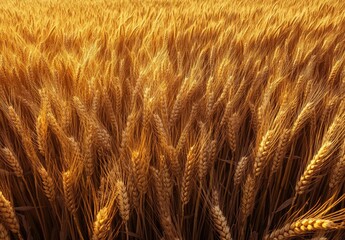 Golden wheat field in sunlit moment, swaying in breeze, abundant harvest scene.