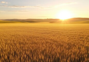 Golden field bathed in sunlight at sunset, rolling hills & vast landscape.