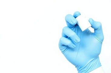 Close-up of hand in blue gloves. Hand holding small white box. Horizontal concept of healthcare and pharmaceuticals in scientific world of medicine.