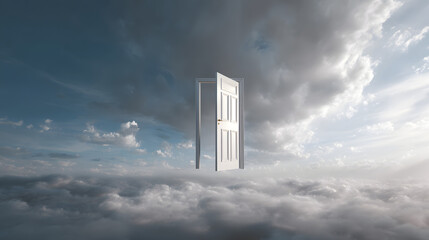 Skyward Gateway: An open door floats amidst a sea of clouds, inviting exploration and symbolizing endless possibilities, rendered in a photorealistic style, evoking a sense of wonder.