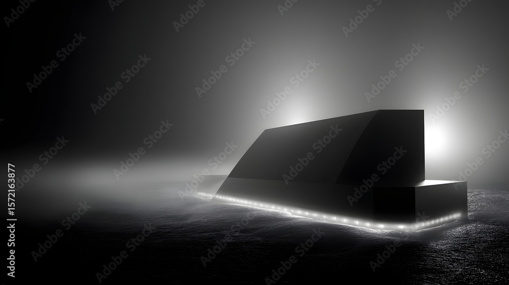 Aufkleber mysterious monolith in fog: a dark, imposing monolith sits shrouded in thick fog, illuminated by a s