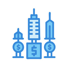 Obraz premium Blue financial growth infographic of cityscape buildings with dollar signs