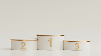 Three tiered white podium with gold trim and numbers 1 2 3 winner first