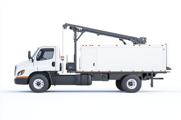 White box truck with crane, side view, isolated on white background.