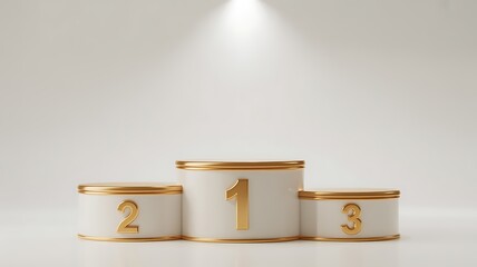 Three tiered white podium with gold trim and numbers 1 2 3 winner victory