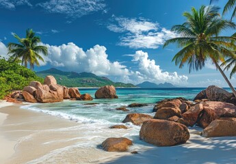 Tropical Beach Scene Palm trees, turquoise water, rocks, white sand and blue sky view.