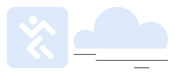 Abstract graphic of a person running beside a cloud with lines indicating motion. Ideal for technology, connectivity, cloud computing, speed, innovation, data transfer, and agility concepts