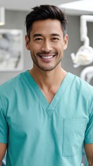 Fototapeta premium close-up, Asian male dentist in medical scrubs, dental chair and tools visible in clean clinic background, gentle reassuring smile, clinical lighting, sharp focus