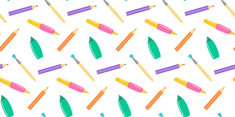 Colorful back to school seamless pattern with pens, pencils and felty pens , perfect for educational designs, back to school or promotional materials.