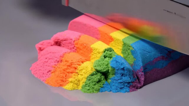 Close-up slow motion of cutting kinetic sand, revealing vibrant rainbow layers.