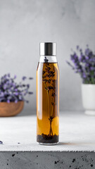 "An Elegant Borosilicate Glass Bottle Filled with Herbal Tea and Lavender, Styled for a Refined, Soothing Display"