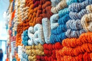 Colorful textile wall hanging featuring the word sale in a creative design