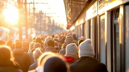 City Commute: Capturing the energy of urban commuting, this photograph portrays a dense crowd of people on a busy platform, illuminated by the warm glow of sunlight.