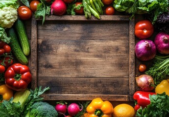 Assorted vegetables arranged around a wooden frame on a rustic wooden table, fresh produce.