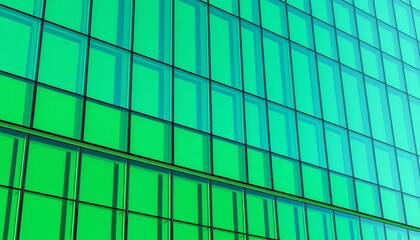 Fototapeta premium Sleek green-tinted glass facade of a modern office building, corporate, urban