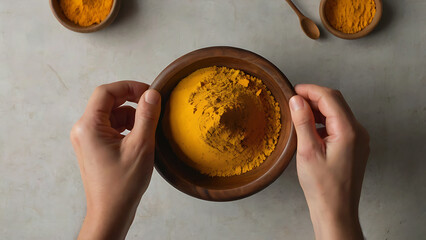 Fototapeta premium Hands holding a wooden bowl filled with vibrant yellow turmeric powder