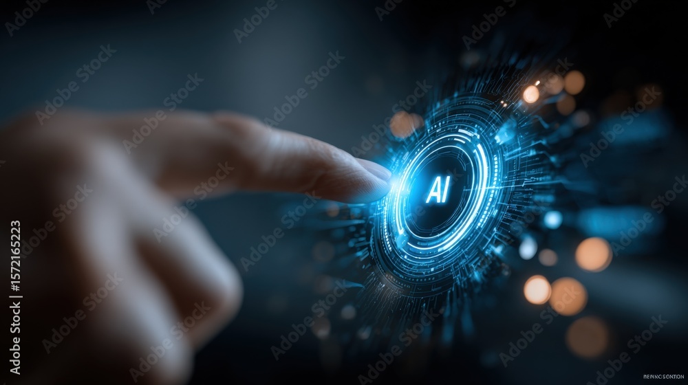 Poster futuristic technology concept with human finger pressing ai button surrounded by digital holographic