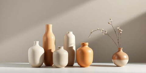 Sleek, minimalist ceramic vases; varying heights and muted earth tones , beige, clean