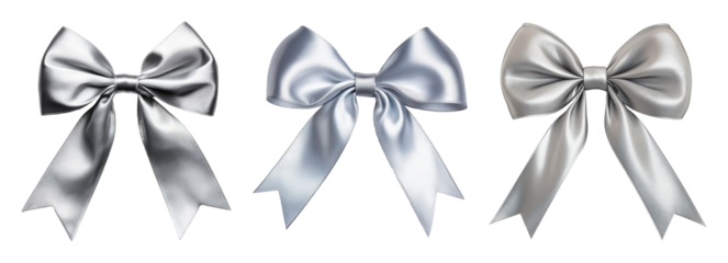 Set of three silver colored bows isolated on transparent background