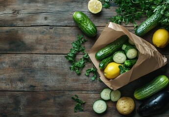 Fresh produce spills from paper bag on rustic wooden table, preparing a healthy meal.
