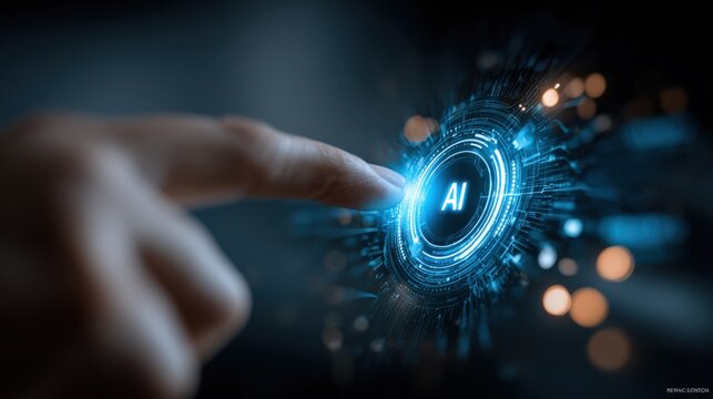 Futuristic technology concept with human finger pressing AI button surrounded by digital holographic interface and glowing data network