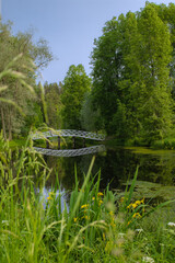 Tranquil park setting with a small arched bridge and mirrored water surface. Framed by vibrant vegetation and towering trees, this quiet corner is perfect for peaceful moments in nature.