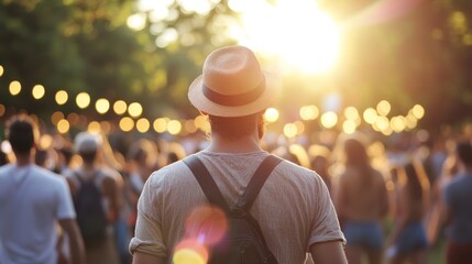 Golden hour at outdoor festival, man in hat facing crowd enjoying summer vibes
