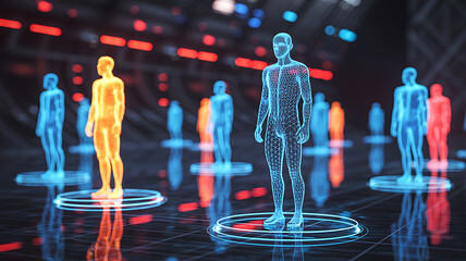 Futuristic digital human figures in glowing circles