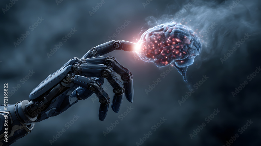 Aufkleber digital brain: the cold mechanical hand of a robot gently touches a glowing digital brain, a strikin