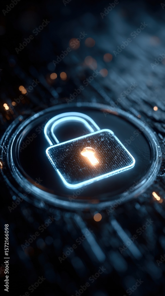 Aufkleber close-up of illuminated digital padlock icon on dark circuit board with blurred glowing background r