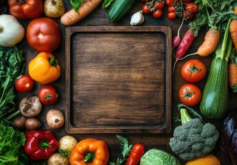 Fresh vegetables arranged around wooden platter on dark brown table top.