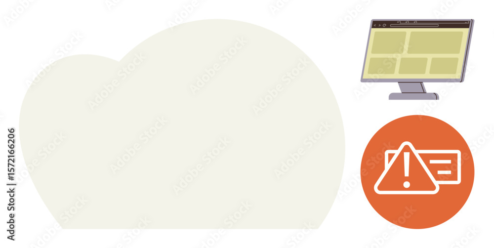 Poster cloud shape, computer monitor displaying grid layout, and orange warning icon conveying error alert 