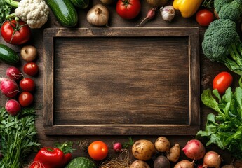 Fresh Vegetables Framing Empty Wooden Board on Table, Perfect for Menu, Recipes.