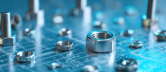 A close up of bolts and nuts scattered on a blueprint surface with a blue light shining on everything
