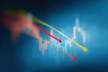 Financial Market Chart with Candlestick Graph and Arrow Indicators Showing Downward Trends and Market Fluctuations in Blue Tones