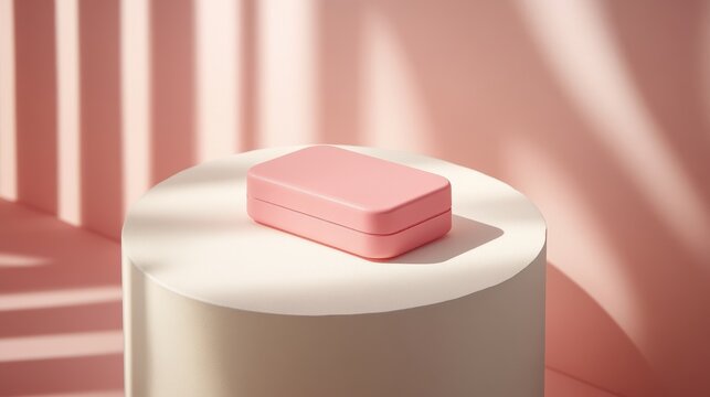Pink rectangular box on a white pedestal.