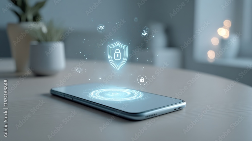 Poster futuristic smartphone with digital security shield hologram display and data protection technology o