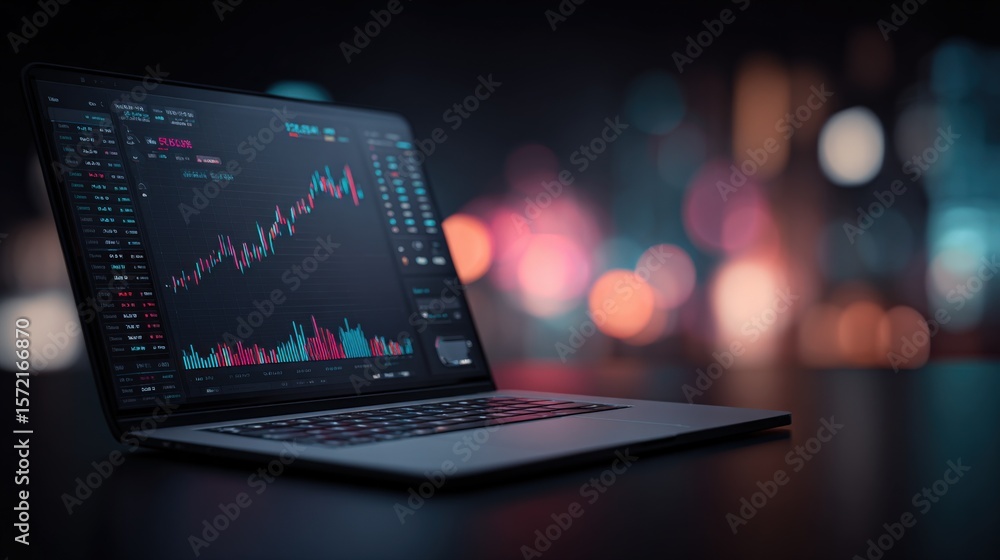 Poster modern laptop displaying colorful stock market charts and financial data on a dark background with c