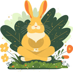 Rabbit hare sit on grass in lotus position buddha meditation in nature. Vector cartoon illustration
