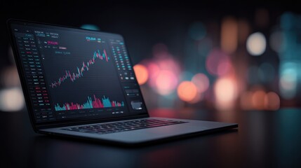 Modern laptop displaying colorful stock market charts and financial data on a dark background with city lights in the blurred bokeh effect