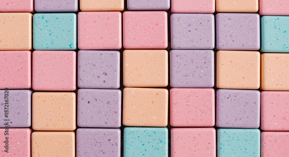 Poster pastel colored candy squares arranged in a grid pattern creating a sweet background