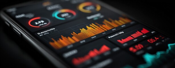 Financial mobile application displaying stock market data and analytics on a smartphone screen with colorful financial charts and graphs