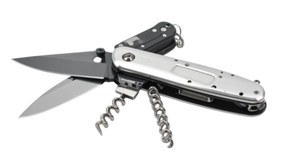 Multitool pocket knife with multiple accessories isolated on transparent background