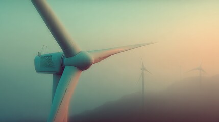 Large wind turbines with rotating blades in a misty landscape du sunrise creating renewable energy and environmental sustainability scene