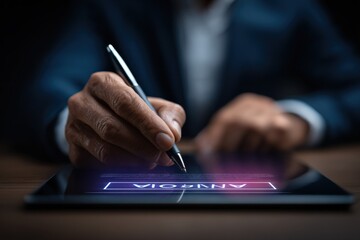 Fototapeta premium Businessman in formal suit using stylus pen to sign digital document on tablet screen with glowing 