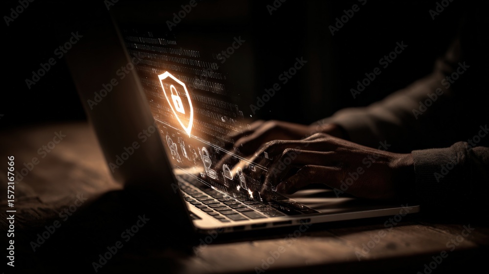 Poster close-up of a person's hands typing on a laptop keyboard in a dimly lit room with a digital security