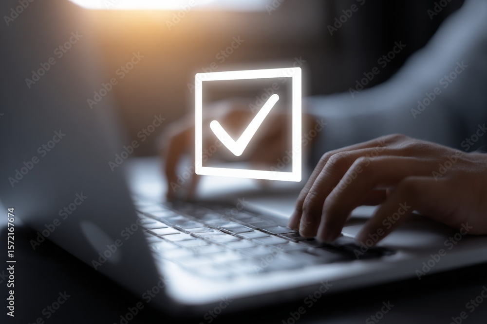 Poster modern digital workspace with hand clicking checkmark icon on smartphone and laptop for task complet