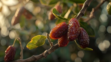 A detailed shot of dates in different shades of ripeness on the same branch