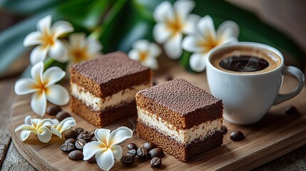Fototapeta premium Dessert Snack Chocolate Cake and Hot Coffee with Flowers Frangipani Arrangement Flat Lay Style on Background 