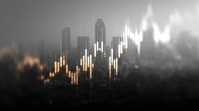 Modern digital financial data visualization with glowing bar graphs and abstract city skyline in futuristic style for economic technology concept
